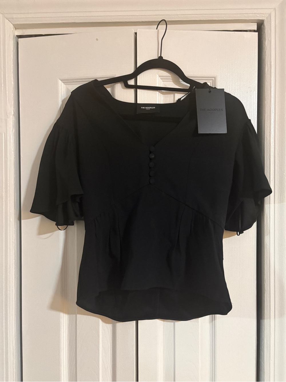 The Kooples Black V-Neck Button-Front Flutter Sleeve Blouse